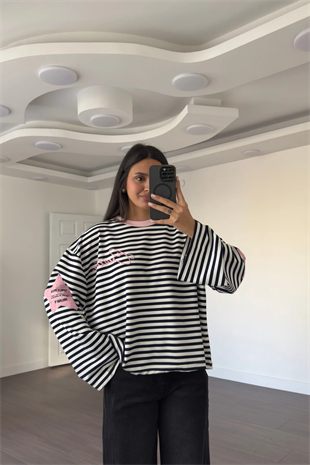 Modal Kumaş Pembe Yıldız Baskılı Çizgili Sweatshirt-lacivert  Ekru