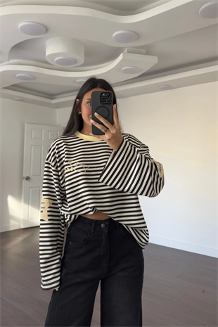 Modal Kumaş Sarı Yıldız Baskılı Çizgili Sweatshirt-Kahve Ekru