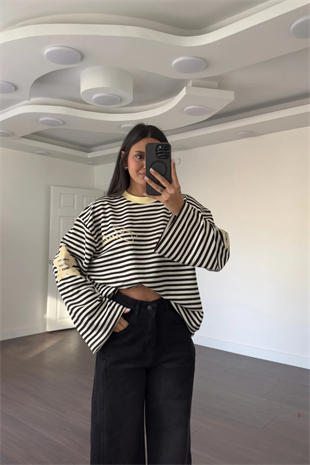 Modal Kumaş Sarı Yıldız Baskılı Çizgili Sweatshirt-Kahve Ekru