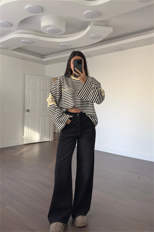 Modal Kumaş Sarı Yıldız Baskılı Çizgili Sweatshirt-Kahve Ekru