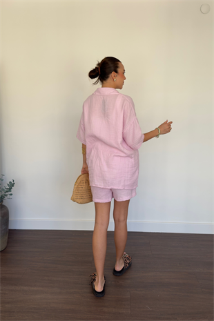 Müslin Gömlek Şort Takım-Pembe