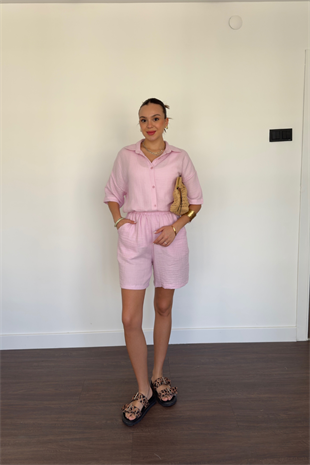 Müslin Gömlek Şort Takım-Pembe