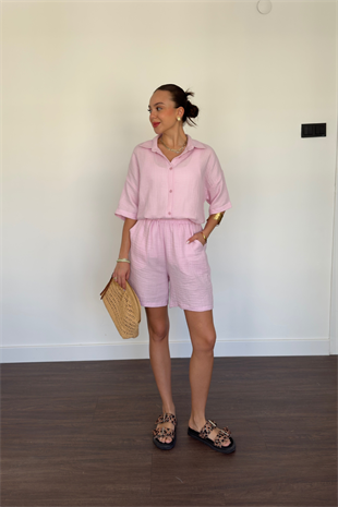 Müslin Gömlek Şort Takım-Pembe