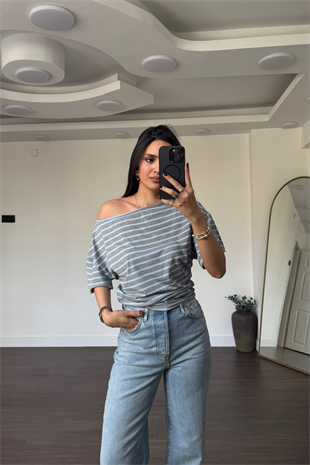 Omuz Düşük Çizgili Bluz-Mavi
