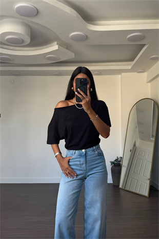 Omuz Düşük Yarasa Kol Bluz-Siyah