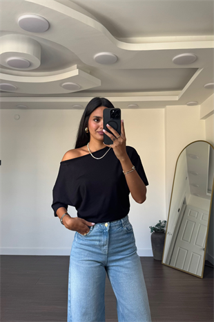 Omuz Düşük Yarasa Kol Bluz-Siyah