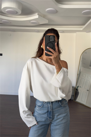 Omuz Düşük Yarasa Kol Oversize Bluz-Beyaz