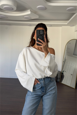 Omuz Düşük Yarasa Kol Oversize Bluz-Beyaz