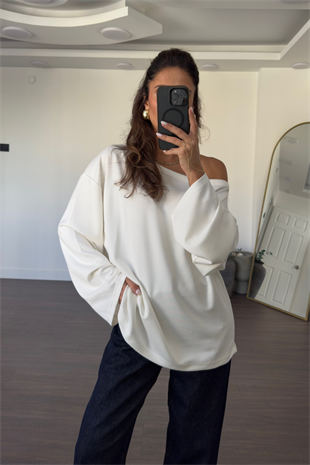 Omuz Düşük Yarasa Kol Oversize Bluz-Beyaz
