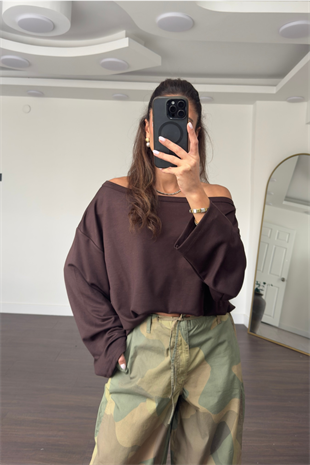 Omuz Düşük Yarasa Kol Oversize Bluz-Kahve