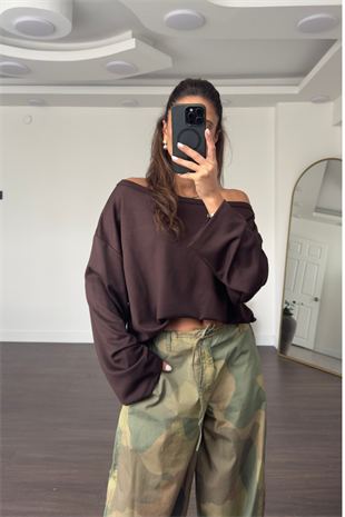Omuz Düşük Yarasa Kol Oversize Bluz-Kahve