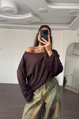Omuz Düşük Yarasa Kol Oversize Bluz-Kahve