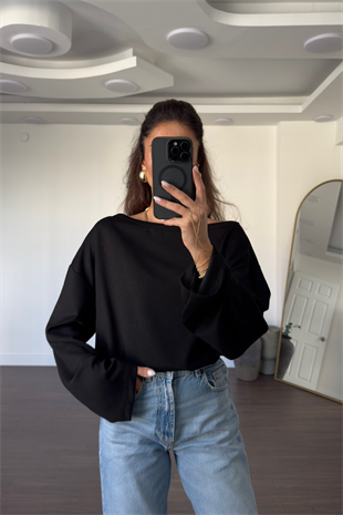 Omuz Düşük Yarasa Kol Oversize Bluz-Siyah