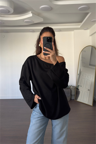 Omuz Düşük Yarasa Kol Oversize Bluz-Siyah