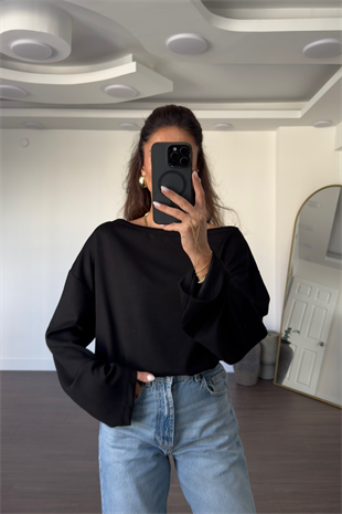 Omuz Düşük Yarasa Kol Oversize Bluz-Siyah