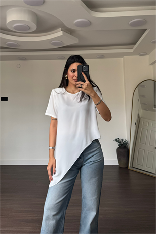 Omuz Vatkalı Asimetrik Bluz-Beyaz