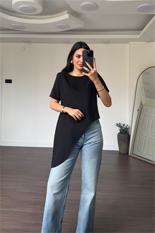 Omuz Vatkalı Asimetrik Bluz-Siyah