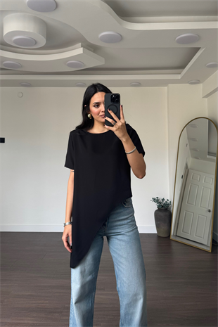 Omuz Vatkalı Asimetrik Bluz-Siyah