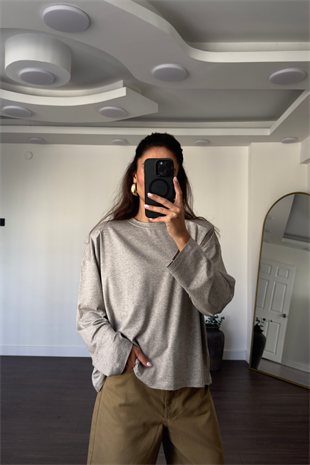 Omuz Vatkalı Uzun Kollu Tshirt-Bej