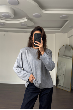 Omuz Vatkalı Uzun Kollu Tshirt-Gri