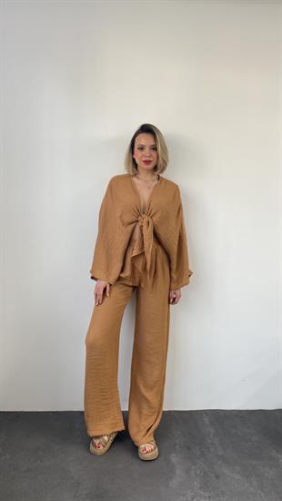 Önden Bağlamalı Geniş Kol Camel Pantolon Takım