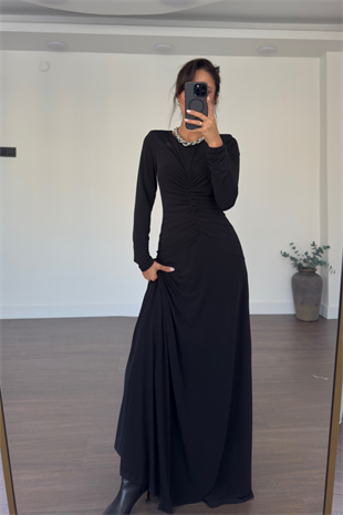 Önden Drape Detay Maxi Boy Elbise-Siyah