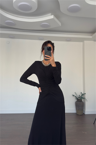 Önden Drape Detay Maxi Boy Elbise-Siyah