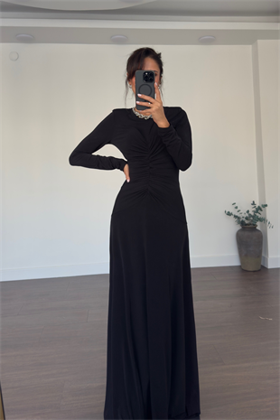 Önden Drape Detay Maxi Boy Elbise-Siyah