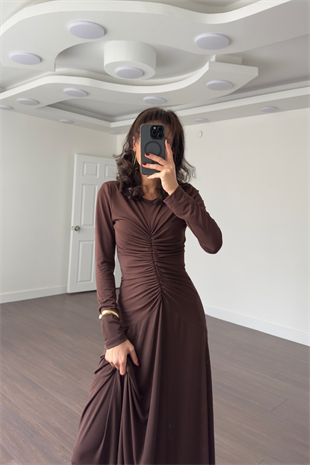 Önden Drape Detay Maxi Elbise-Kahve