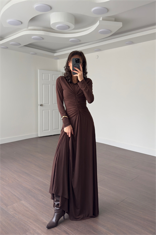 Önden Drape Detay Maxi Elbise-Kahve