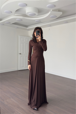 Önden Drape Detay Maxi Elbise-Kahve