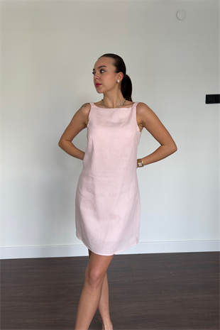 Pembe Keten Askılı Elbise