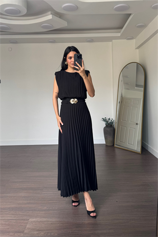 Pliseli Kemerli Elbise-Siyah