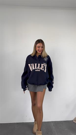 Polo Yaka Baskılı Lacivert Sweatshirt