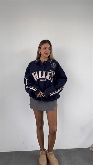 Polo Yaka Baskılı Lacivert Sweatshirt