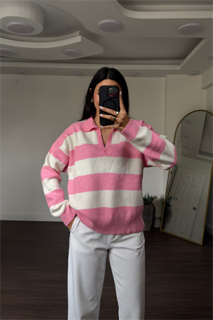 Polo Yaka Çizgili Kazak-Pembe