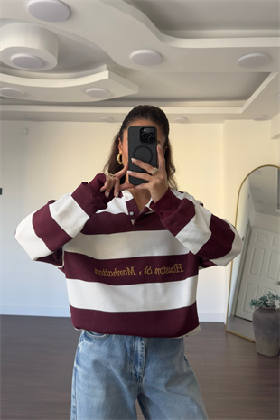 Polo Yaka Çizgili Sweatshirt-Bordo