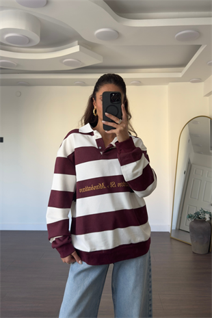 Polo Yaka Çizgili Sweatshirt-Bordo