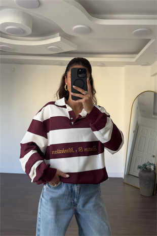 Polo Yaka Çizgili Sweatshirt-Bordo
