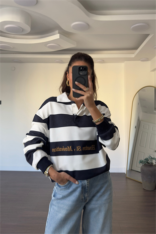 Polo Yaka Çizgili Sweatshirt-Lacivert