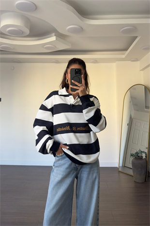 Polo Yaka Çizgili Sweatshirt-Lacivert