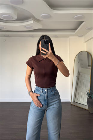 Polo Yaka Fermuarlı Tişört-Acı Kahve