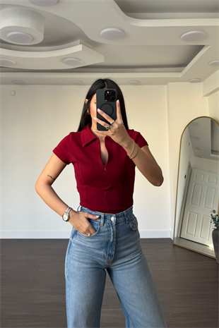 Polo Yaka Fermuarlı Tişört-Bordo