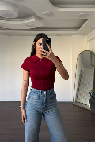 Polo Yaka Fermuarlı Tişört-Bordo