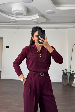 Polo Yaka Simli Bluz-Bordo
