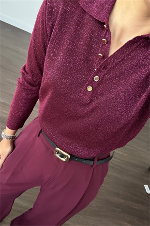 Polo Yaka Simli Bluz-Bordo