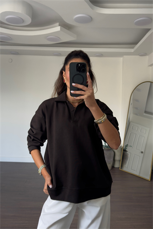 Polo Yaka Sweatshirt-Kahve