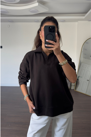 Polo Yaka Sweatshirt-Kahve