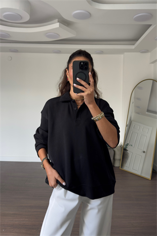 Polo Yaka Sweatshirt-Siyah