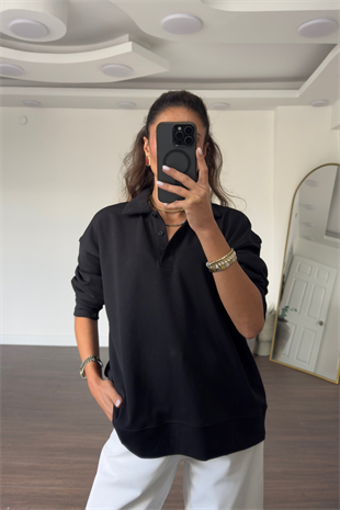 Polo Yaka Sweatshirt-Siyah